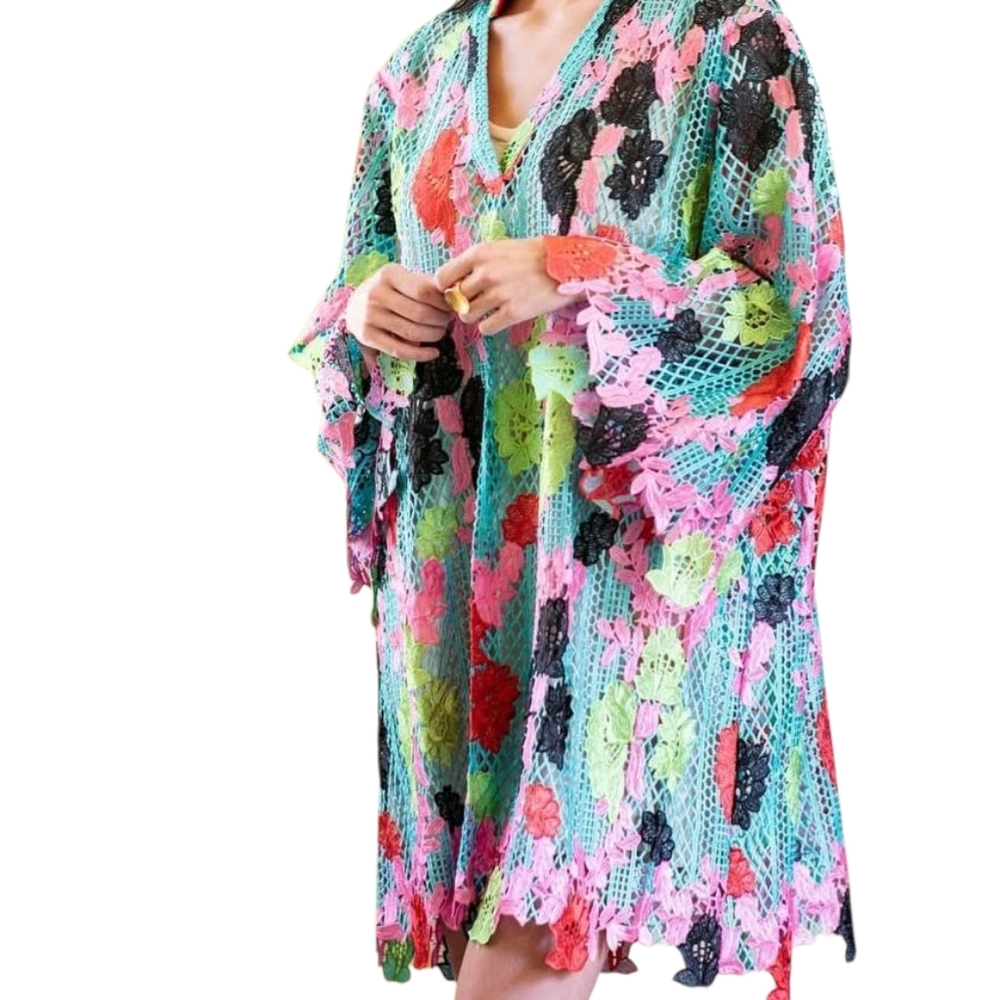 Holly Shae Plus Size Lace Caftan Mesh Floral Cover Up Boho Resort 1x